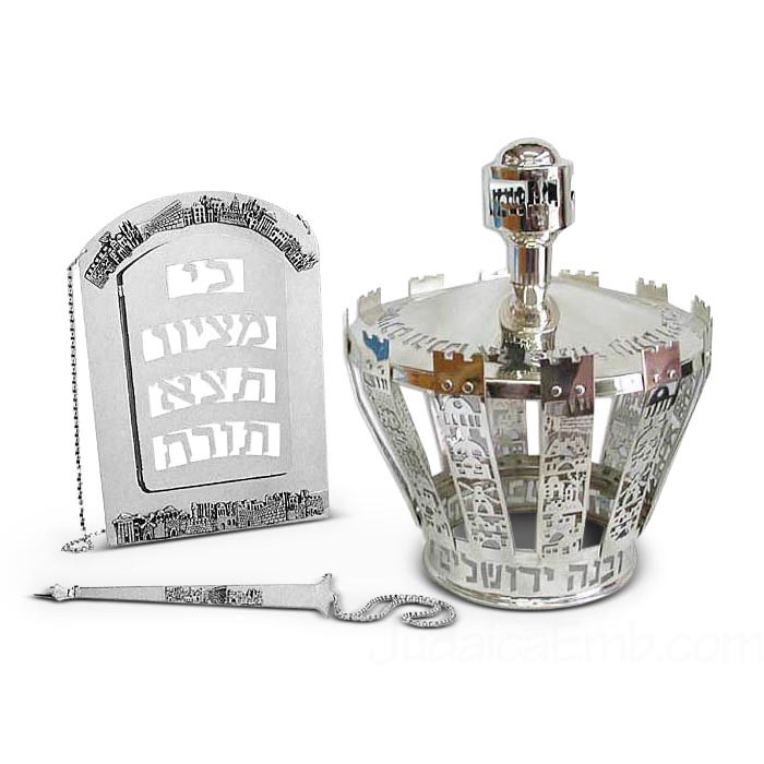 torah crown, breastplate, silver torah ornaments set